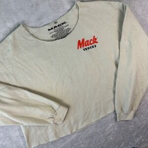Mack Trucks Womens Cropped Sweatshirt Sz XL Beige Oversized Graphic Back Cut Hem